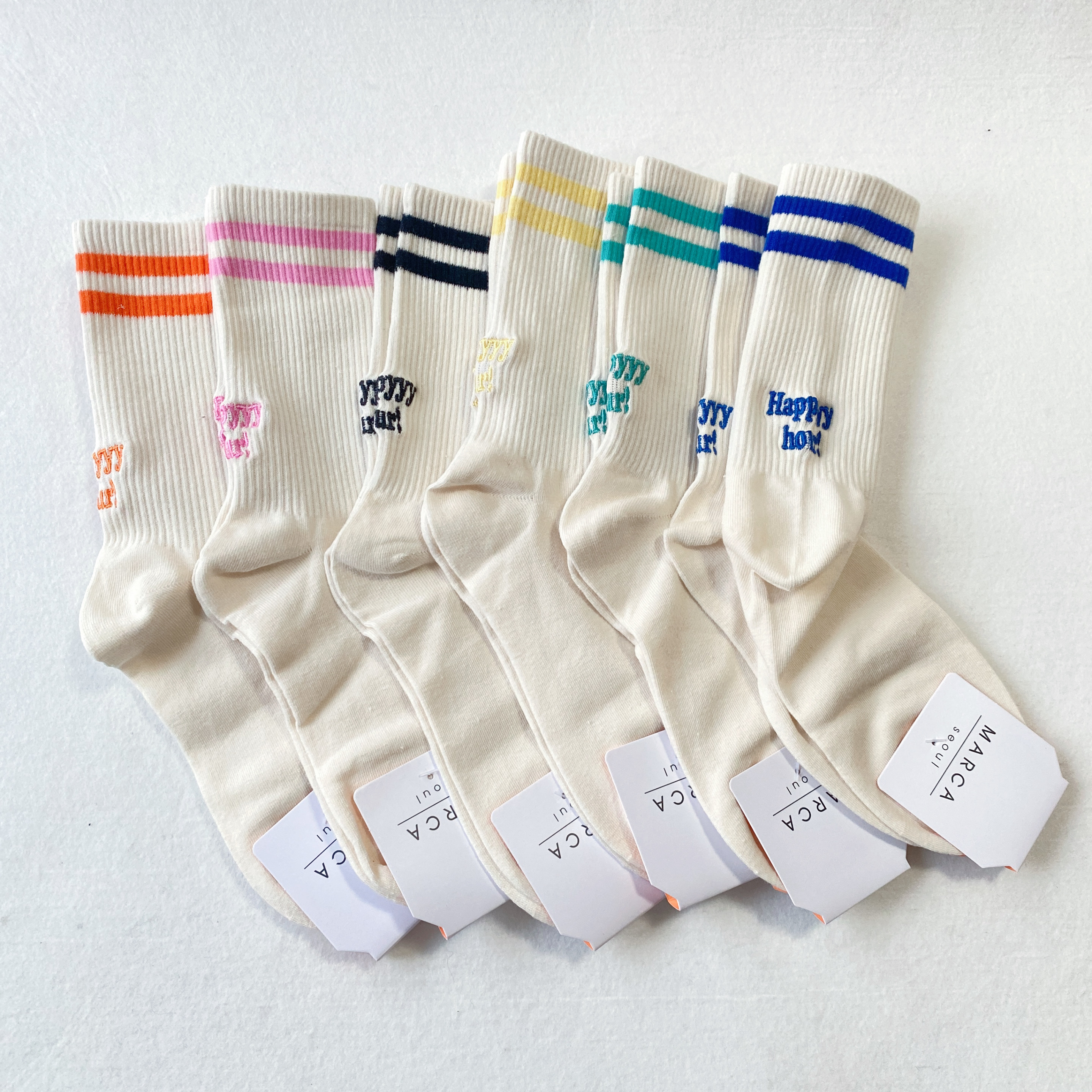现货韩国东大门MARCA中筒袜女刺绣字母条纹2杠棉袜时尚百搭春秋款