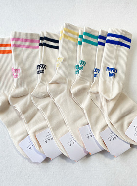 现货韩国东大门MARCA中筒袜女刺绣字母条纹2杠棉袜时尚百搭春秋款