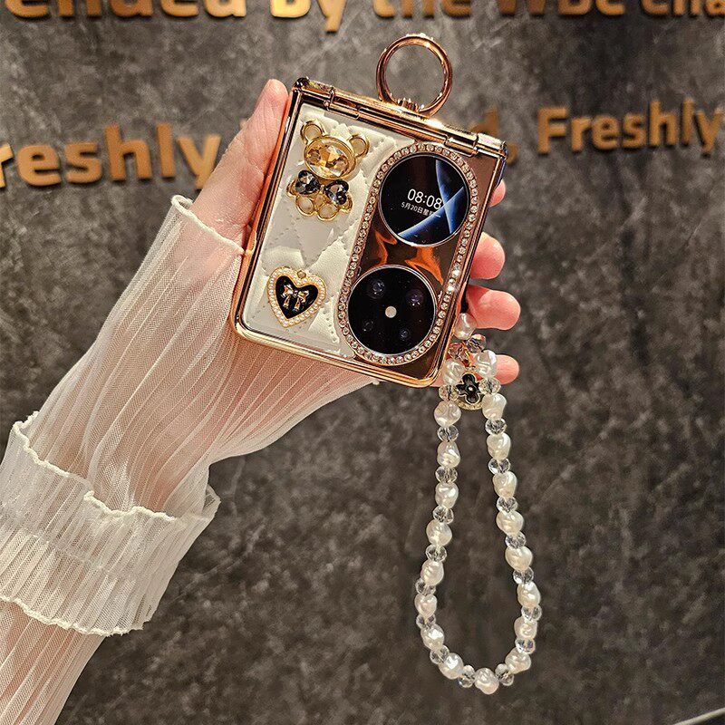 适用华为pocket2手机壳高档小香风小熊p50pocket折叠屏防摔全包pocket s保护套高级感镶钻卡通个性支架时尚