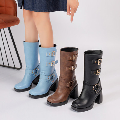 2025秋冬新款中筒靴女粗跟不过膝皮带扣法式复古粗高跟厚底女鞋