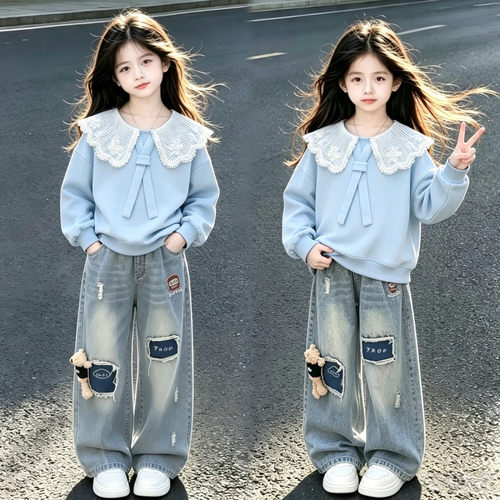 时尚甜美可爱花边领长袖上衣春秋季薄款潮流个性牛仔裤女童两件套