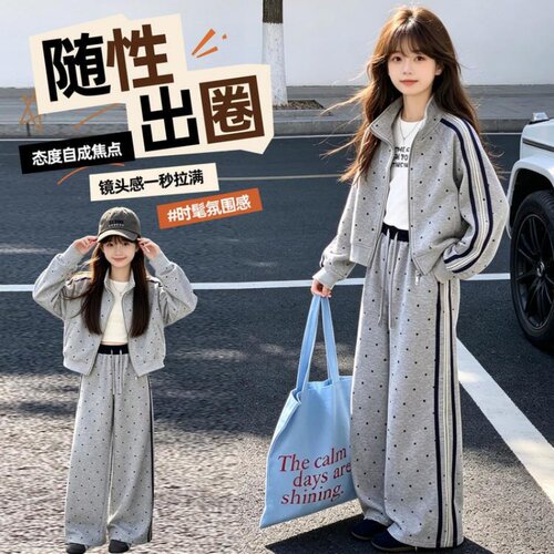 女童套装秋季波点开衫外套阔腿裤