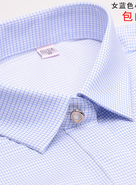 女士浅蓝色小格子方领长袖衬衫银行OL工装修身大码千鸟格弹力衬衣