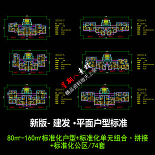 拼接组合公区标准CAD图 160平标准化户型单元 c642新版 建发地产80