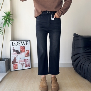 木木崧大码薄绒牛仔烟管裤女冬九分高腰弹力胖mm显瘦小直筒牛仔裤