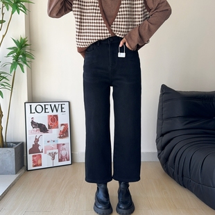 木木崧大码密密绒烟管裤女冬九分高腰弹力胖mm炭黑显瘦直筒牛仔裤