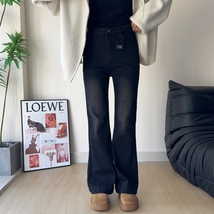 木木崧大码薄绒微喇牛仔裤女冬长裤高腰弹力炭黑喇叭裤植绒牛仔裤