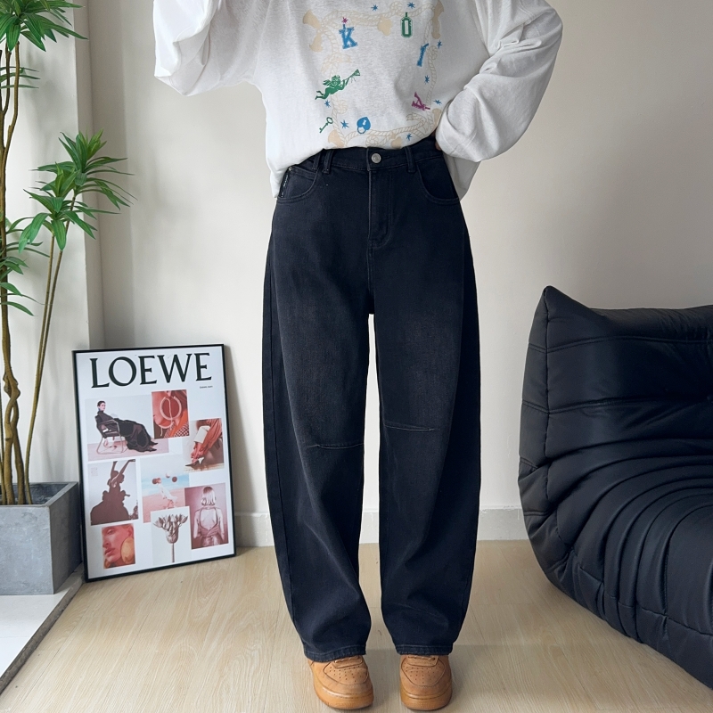 大码炭黑软牛仔弯刀裤高腰拖地裤