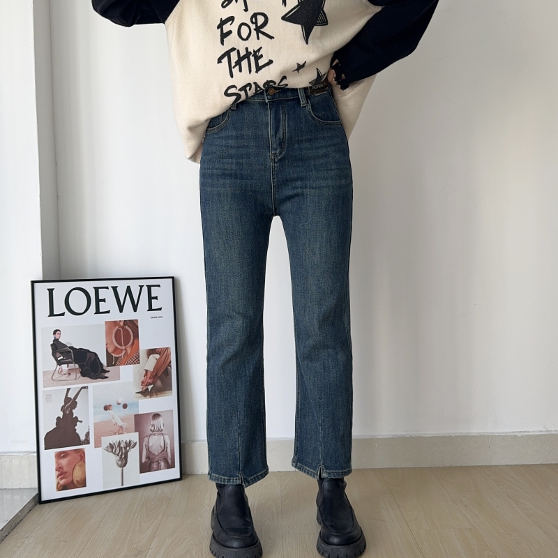 木木崧大码厚绒开叉显瘦烟管裤女冬九分高腰弹力胖mm小直筒牛仔裤