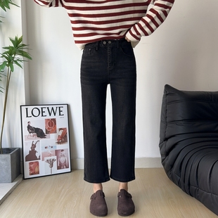 木木崧大码烟管裤女秋季九分牛仔裤高腰弹力胖mm显瘦直筒裤法棍裤