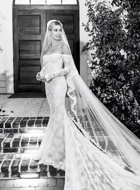 新娘结婚刺绣字头纱定制 Bieber hailey婚礼同款超长网纱蕾丝头饰