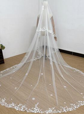 新娘结婚重工钉珠蕾丝头纱
