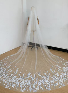 新娘结婚主婚高清重工软纱蕾丝珍珠亮片点缀拍摄道具白色花头纱