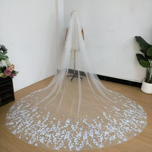 新娘结婚主婚高清重工软纱蕾丝珍珠亮片点缀拍摄道具白色花头纱
