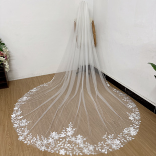 新娘结婚主婚纱缎面樱花叶子蕾丝婚纱配饰单层白色复古拖尾头纱