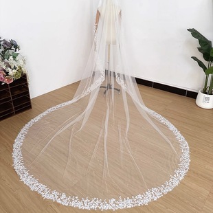 新娘蕾丝头纱长款拖地小清新花朵头纱定制烫钻闪亮结婚拍照头饰