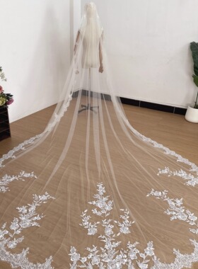 新娘结婚婚礼长拖尾多种带法写真米色高清纱精致拼接蕾丝拍摄头纱