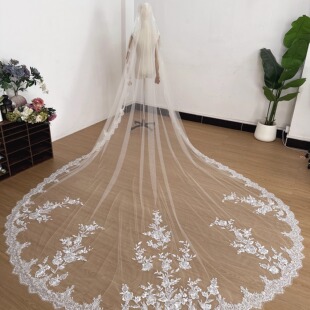 新娘结婚婚礼长拖尾多种带法写真米色高清纱精致拼接蕾丝拍摄头纱