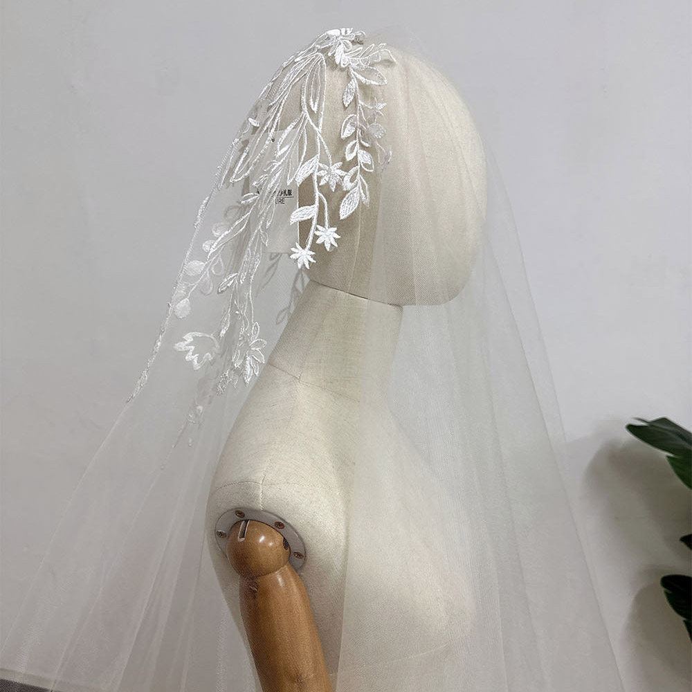 新娘结婚主婚纱叶子蕾丝单层带面纱写真摄影教堂头纱婚纱头饰