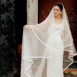 白色缎面包边长款单层头纱婚纱礼服面纱头饰配饰领证结婚新娘头纱