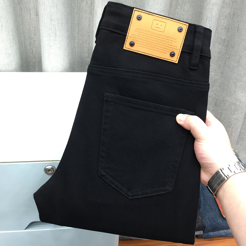 冬季黑色牛仔裤男九分裤高端休闲宽松直筒纯黑修身小脚长裤春秋款