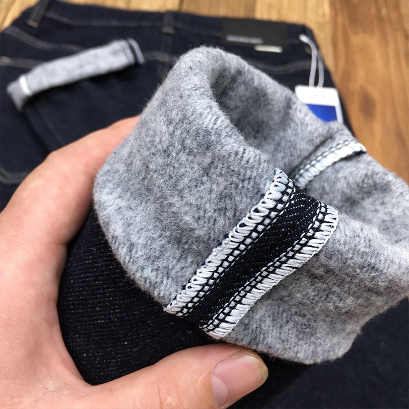 不褪色保暖加绒牛仔裤男冬季加厚款深蓝色高弹力修身小脚薄绒长裤