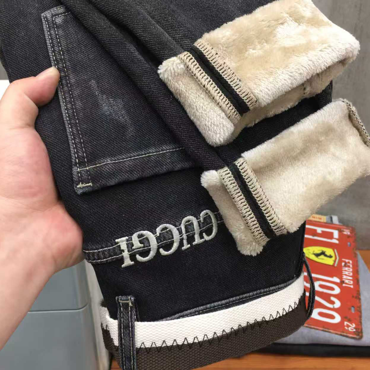 冬季保暖加绒加厚黑色牛仔裤男款复合面料修身小脚磨毛长裤古士狼