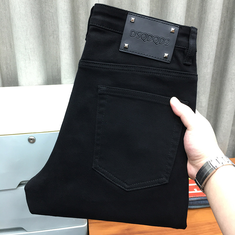 男士黑色九分牛仔裤秋季保暖厚款直筒宽松休闲修身小脚长裤秋冬款