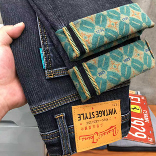 印花冬季加绒牛仔裤男款抓绒保暖潮牌高端弹力修身小脚磨毛九分裤