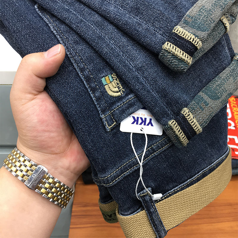 裤脚内里印花牛仔裤男秋冬款高端网红潮流弹力修身小脚长裤古士狼