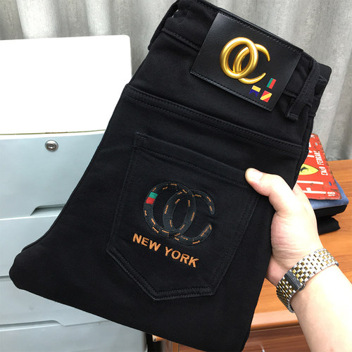 高端黑色牛仔裤男夏季薄款韩版潮流弹力刺绣修身小脚休闲长裤潮牌 - 封面
