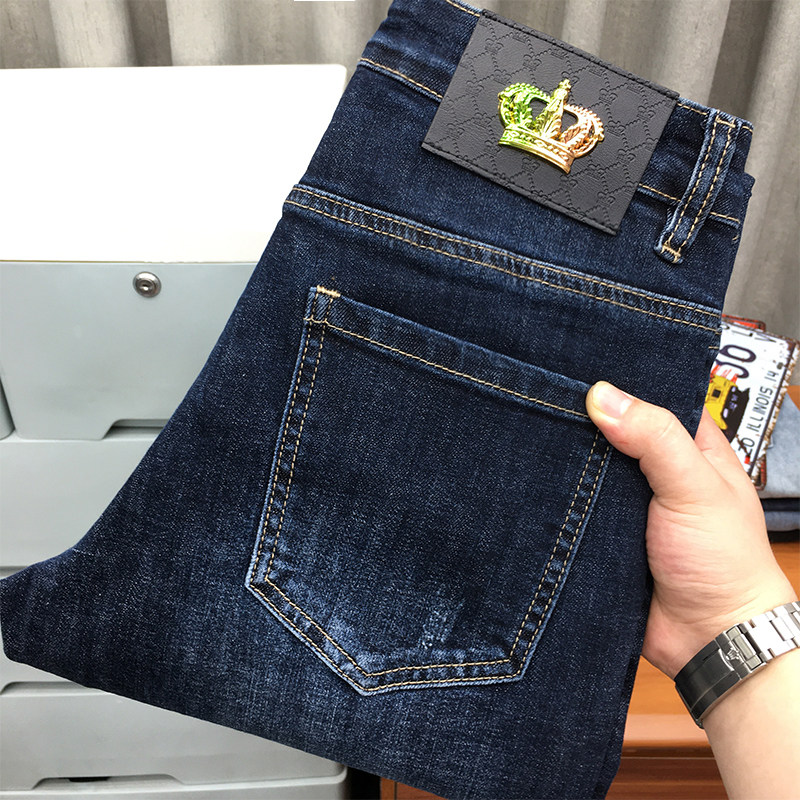 秋季新款牛仔裤男欧美高端水洗深蓝色弹力百搭潮流修身小直脚长裤,男装,牛仔裤,淘宝优惠券,粉丝福利购,淘宝优惠卷