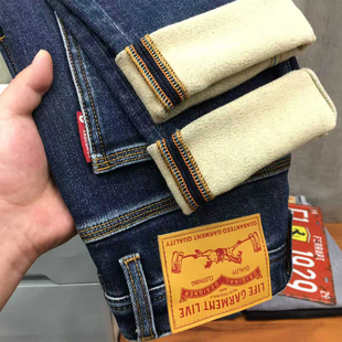 加绒牛仔裤 厚款 男保暖薄绒美式 小直筒磨毛九分裤 蓝色弹力修身 冬季