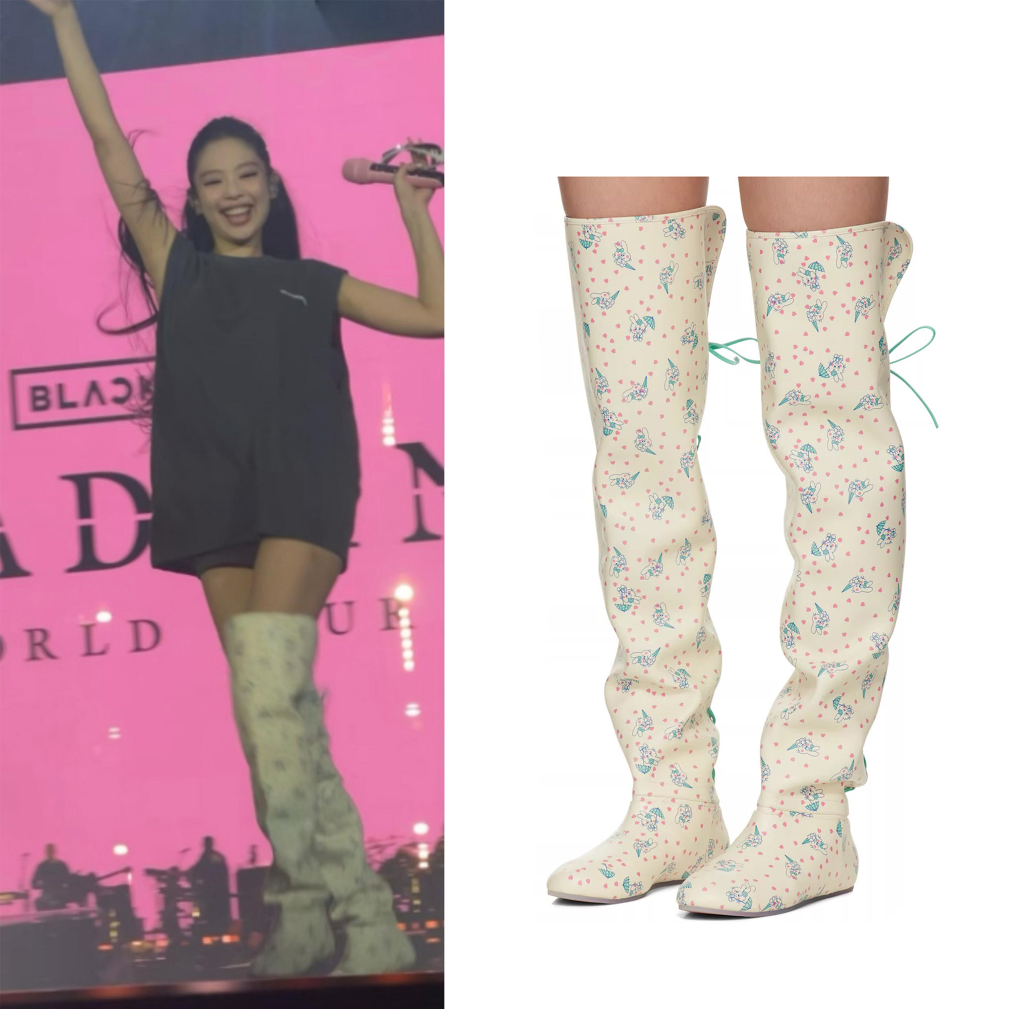 jennie同款鞋2026新款复古风圆头小兔子印花绑带长筒靴过膝长靴