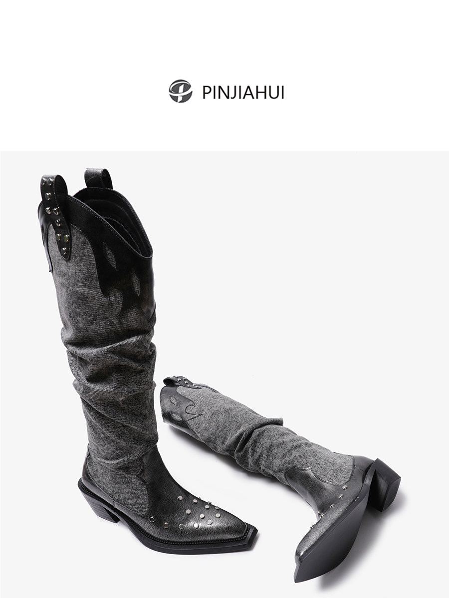 핫 스탬프 가죽 세척 카우보이 부츠 슬리밍 복고풍 포인티드 리벳 창고 부츠 웨스턴 무릎 높이 두꺼운 힐 부츠