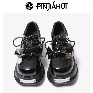 PJH 原创设计蝴蝶结厚底系带乐福鞋女小众黑色增高真皮松糕小皮鞋