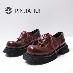 棕色复古德比鞋 PJH 欧货大头厚底英伦风小皮鞋 男女同款 水洗牛皮