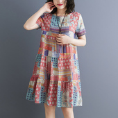 大码 胖mm宽松显瘦中长款 碎花裙子 新短袖 复古棉麻连衣裙女2025夏季