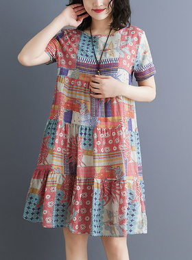 复古棉麻连衣裙女2025夏季新短袖胖mm宽松显瘦中长款大码碎花裙子