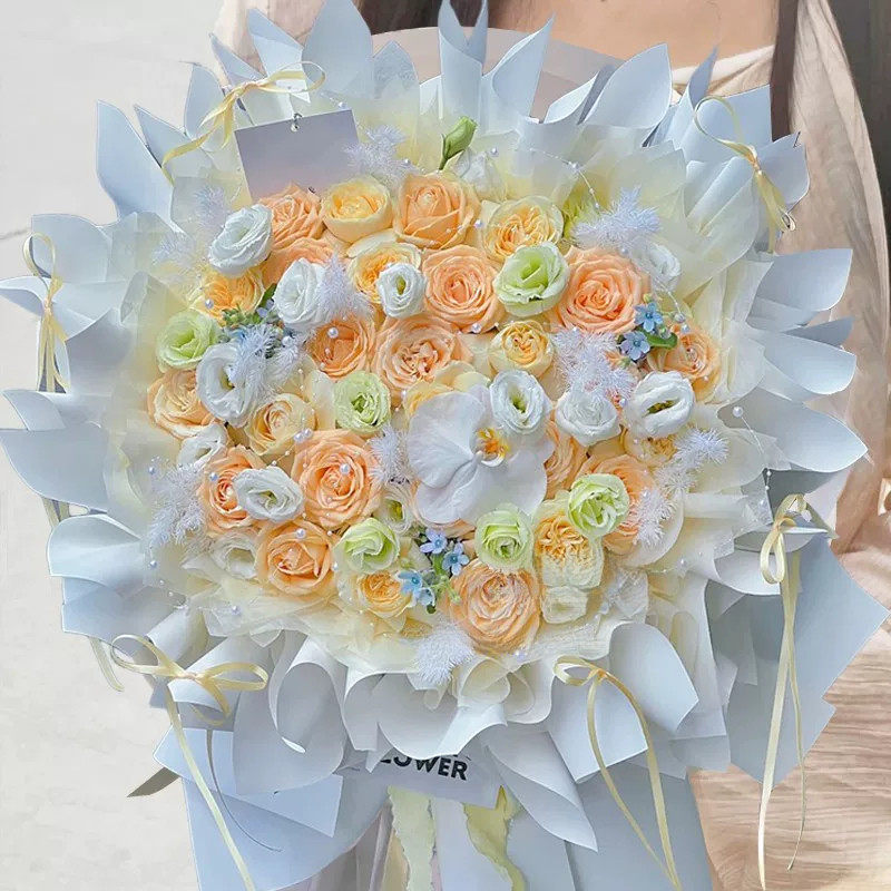 99朵香槟玫瑰混搭蝴蝶兰花束配送女友生日求婚鲜花速递同城北京店
