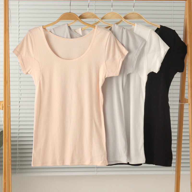 外贸女针织纯棉薄款圆领短袖腋下带吸汗垫T恤打底衫睡衣家居服夏