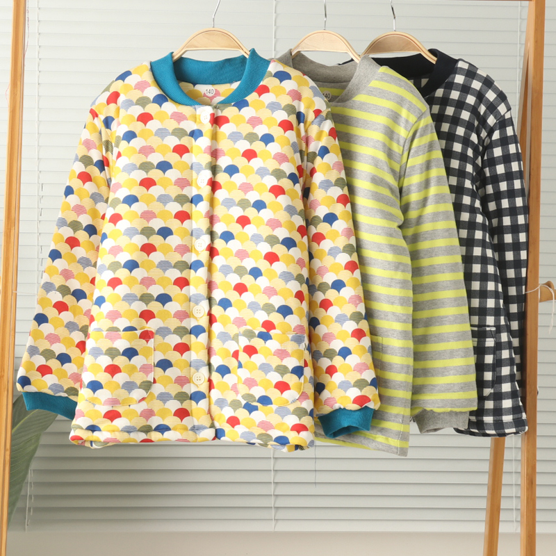 男孩女童纯棉三层加厚夹棉小圆领长袖家居服棉袄保暖冬内搭