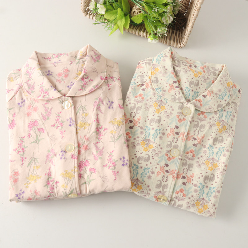 外贸女纯棉弹力薄款田园开身长袖长裤睡衣家居服套装春秋大码