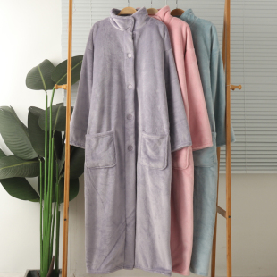 家居睡裙睡袍保暖冬大码 外贸女加厚法兰绒珊瑚绒立领护颈长袖 长款