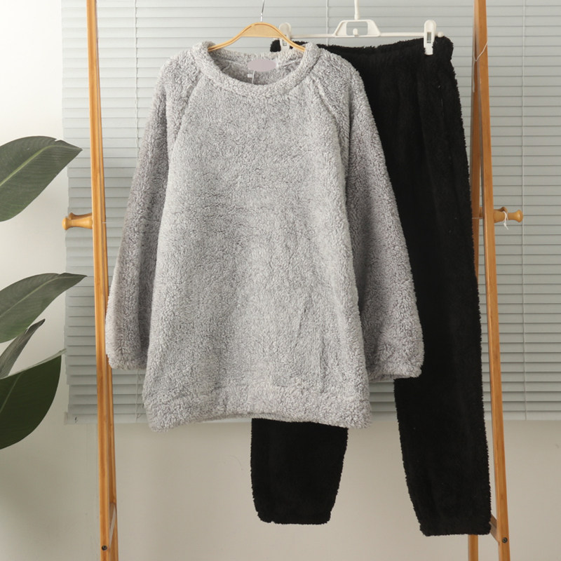 女士加厚珊瑚绒舒棉绒圆领长袖长裤睡衣家居服套装保暖秋冬大码