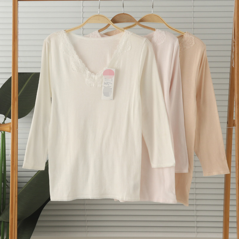 外贸女纯棉V领蕾丝花边七分袖家居服睡衣上衣内搭打底衫春夏全棉