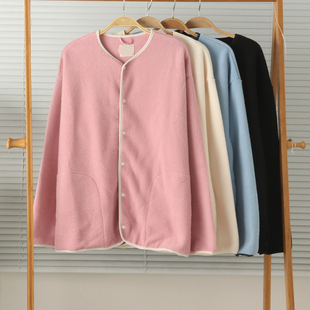 外贸女内衬纯棉复合摇粒绒抓绒薄绒开身长袖家居服睡衣上衣保暖冬