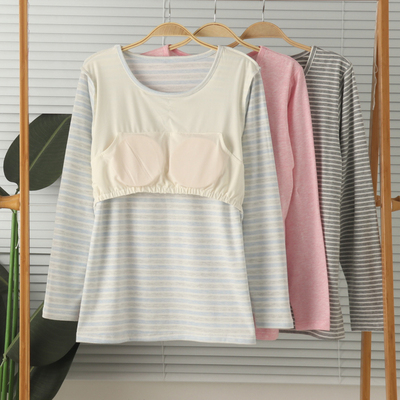 女纯棉带胸垫长袖家居服上衣睡衣
