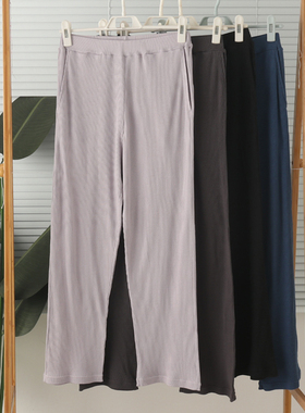 外贸女纯棉薄款螺纹高腰带口袋家居裤睡裤裤子9分裤全棉大码春夏