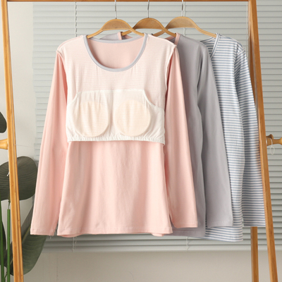 女纯棉带胸垫长袖家居服上衣秋